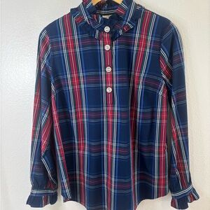 St. John's Bay Plaid Ruffle Collar Shirt With Rhinestone Buttons Size M